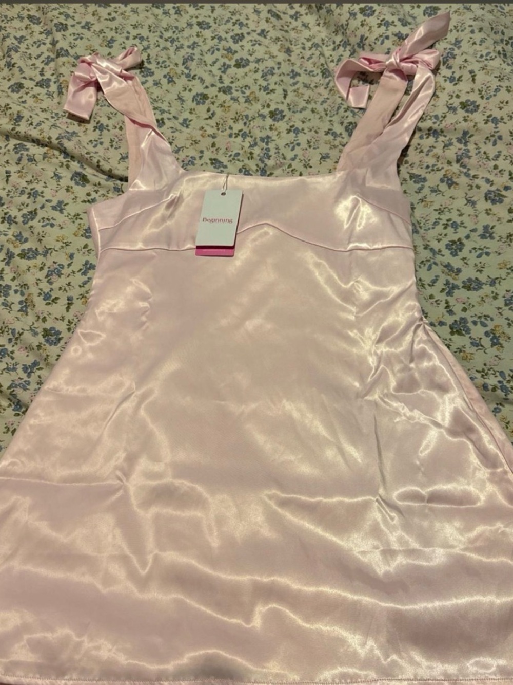 Beginning Boutique Pale Pink Satin Mini Dress with Tie Straps